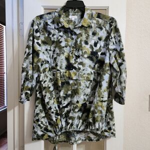 Westbound Linen Blend Utility Blouse Large Olive Abstract Print Drawstring